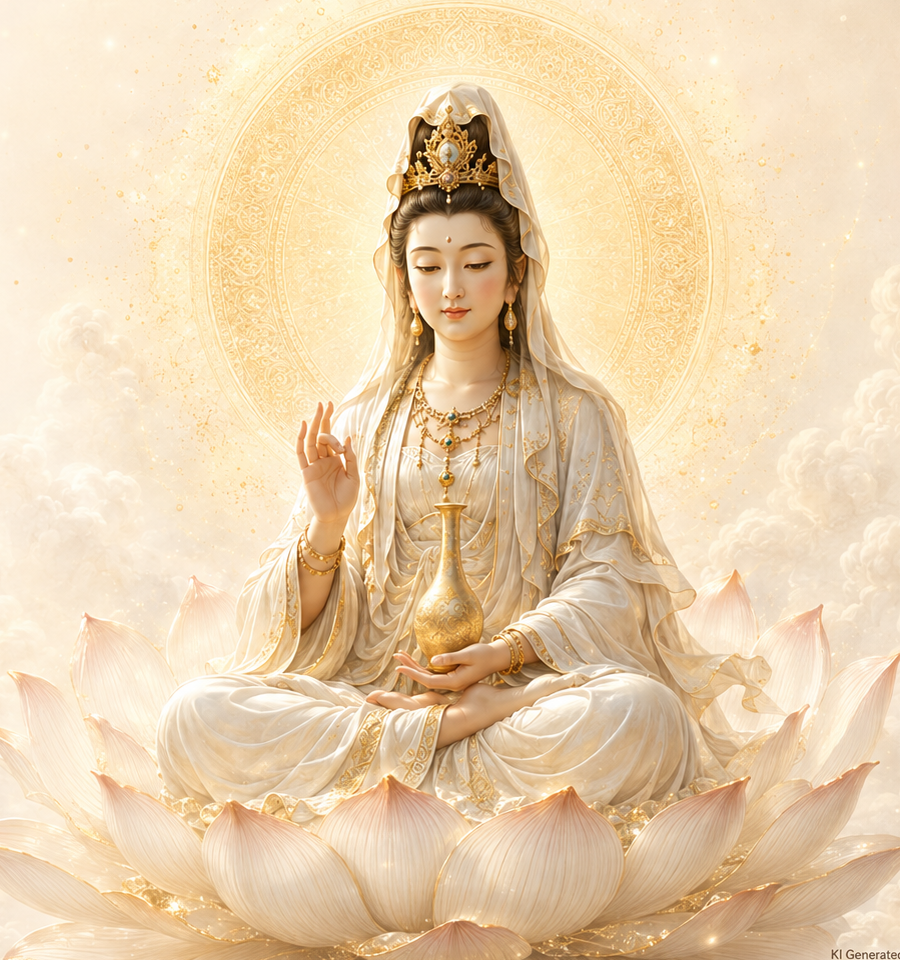 Kuan Yin aufrecht und mittig sitzend mit goldenem Gefäß im Licht