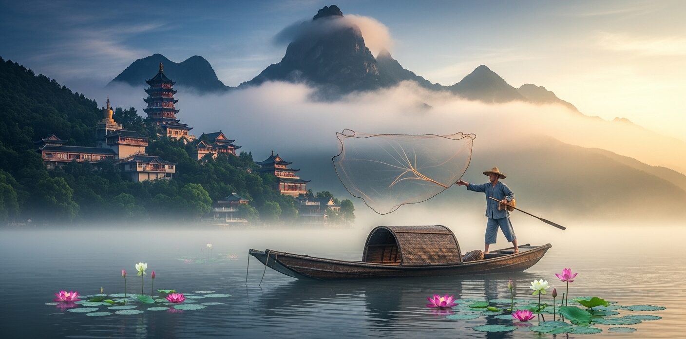 Fisher in Asian Mountain Lake