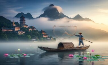 Fisher in Asian Mountain Lake