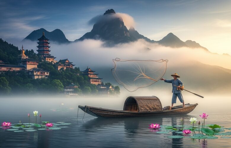 Fisher in Asian Mountain Lake