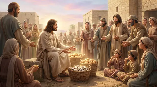 Jesus erschafft Fische und Brot als Wunder